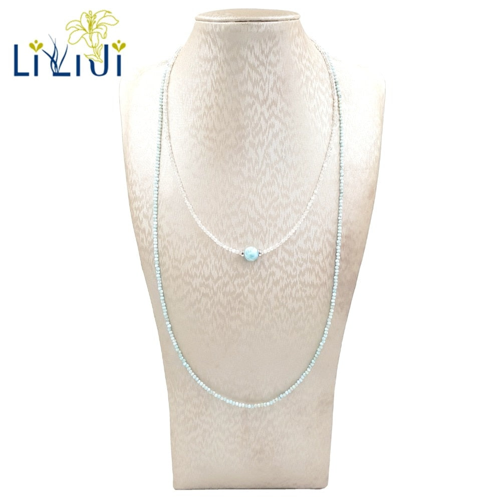 Set di collane brillanti in argento sterling 925 con larimar minuscolo naturale, pietra di luna per gioielli da donna 