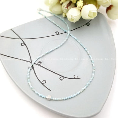 Natural Tiny Larimar,S925 Matte Cube 925 Sterling Silver Shining Necklace for Women Jewelry