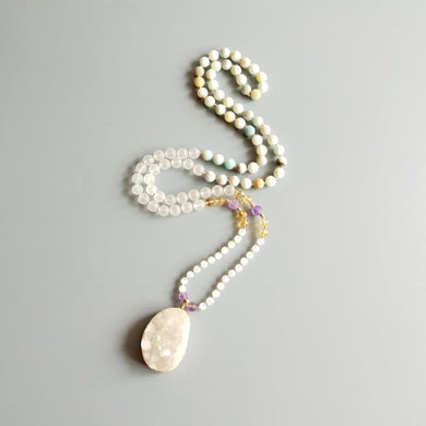 LiiJi Unique Amazonite Clear Quartzs Citrines Moonstone Amethysts Bohemia Long Necklace Druzy Quart Pendant Necklace Necklace