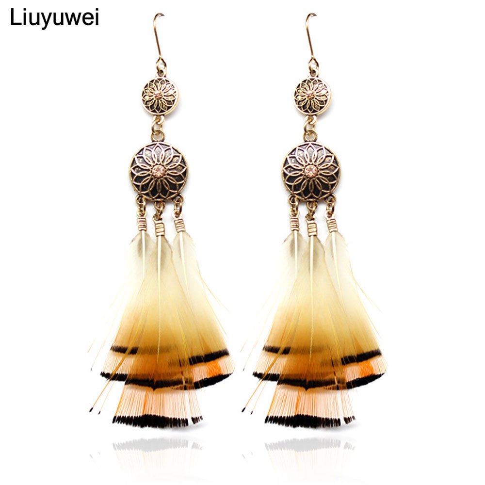 Retro Women Fashion Punk Classic Bronze Earrings Flower Rhinestone Feather Tassel Pendant Earring Jewelry For Women 112