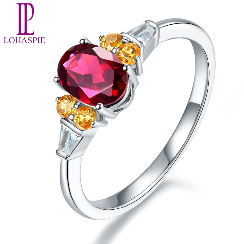 Lohaspie Natural Rhodolite Garnet Orange Garnet Engagement Ring Solid 14K White Gold Trendy Gemstone Jewelry For Women NEW