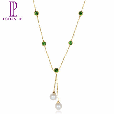 Lohaspie Pearl Jewelry Natural Chrome Diopside 18K Yellow Gold 18Inches Necklace Fine Fashion Stone Jewelry For Women's Gift