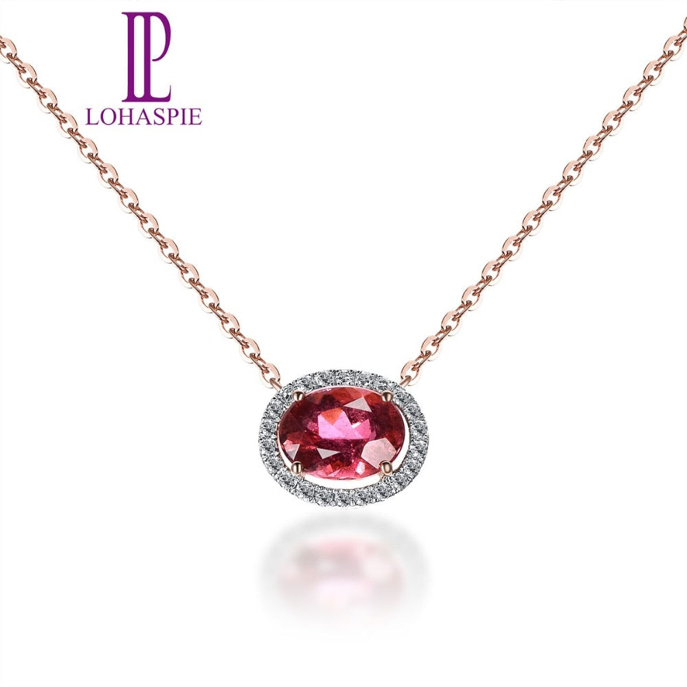 Lohaspie Solid 18K Rose Gold 1.20ct Natural Gemstone Rubellite & Diamonds Necklace For Women Fine Diamond-Jewelry 18 Inches
