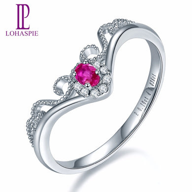 Lohaspie Solid 18K White Crown Engagement Rings Gold Natural Gemstone Ruby Fine Diamond-Jewelry For Women Online Best Buy Gift