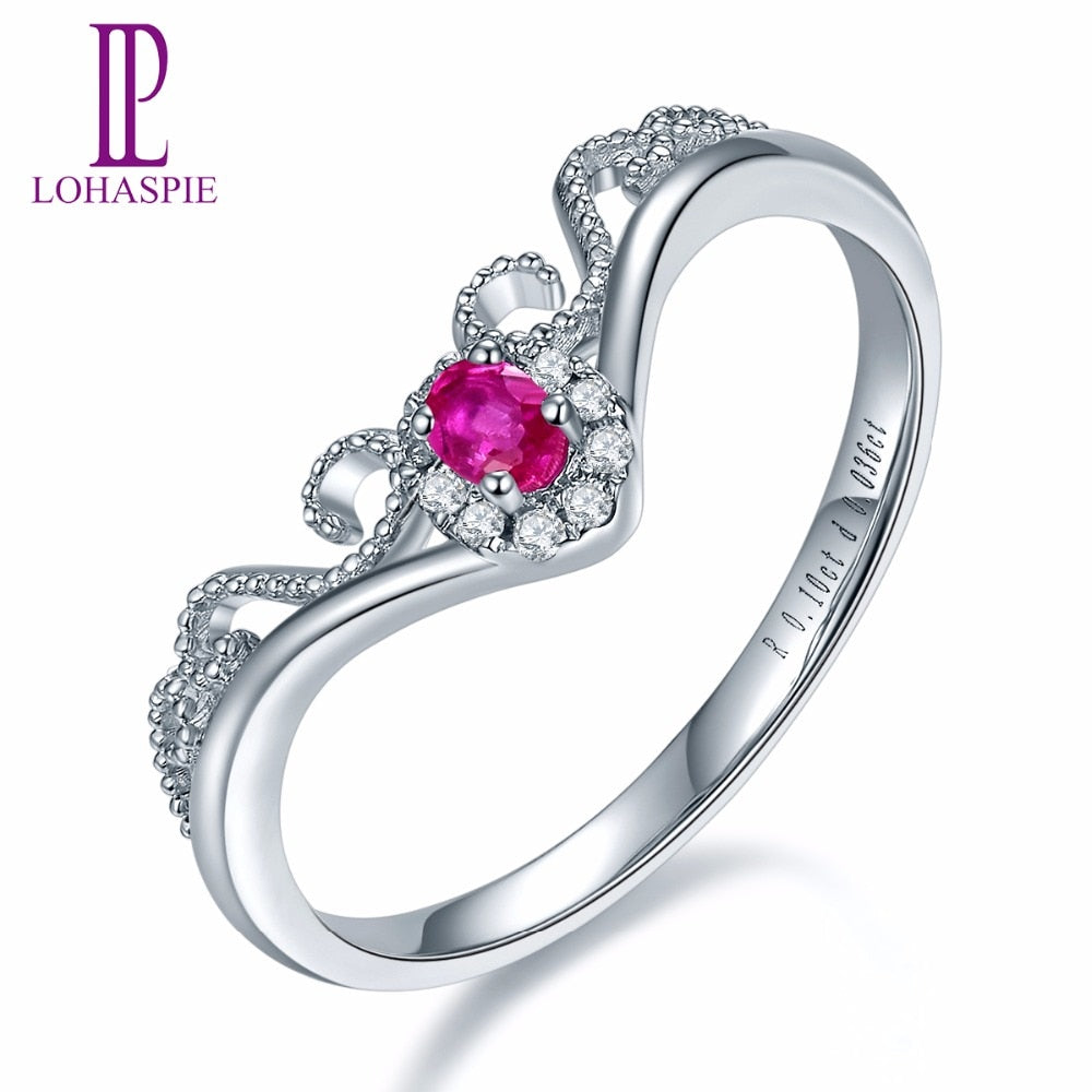 Lohaspie Solid 18K White Crown Engagement Rings Gold Natural Gemstone Ruby Fine Diamond-Jewelry For Women Online Best Buy Gift