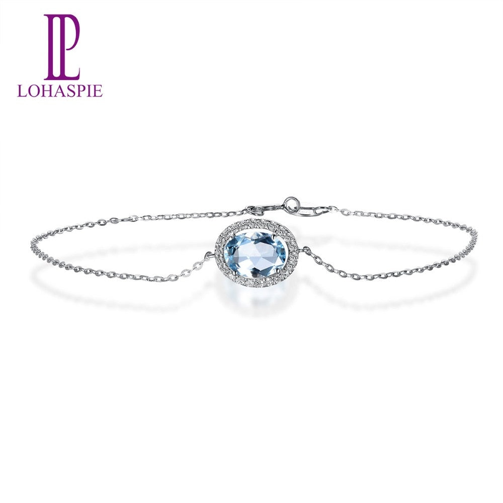 Lohaspie Solid 18K White Gold 1.14ct Natural Gemstone Aquamarine & Diamonds Bracelet For Women Fine Diamond-Jewelry 7.5 Inches