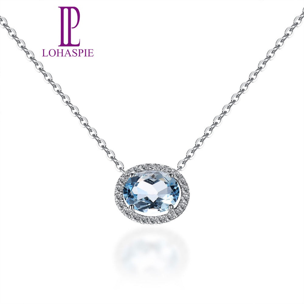 Lohaspie Solid 18K White Gold 1.27ct Natural Gemstone Aquamarine & Diamonds Necklace For Women Fine Diamond-Jewelry 18 Inches