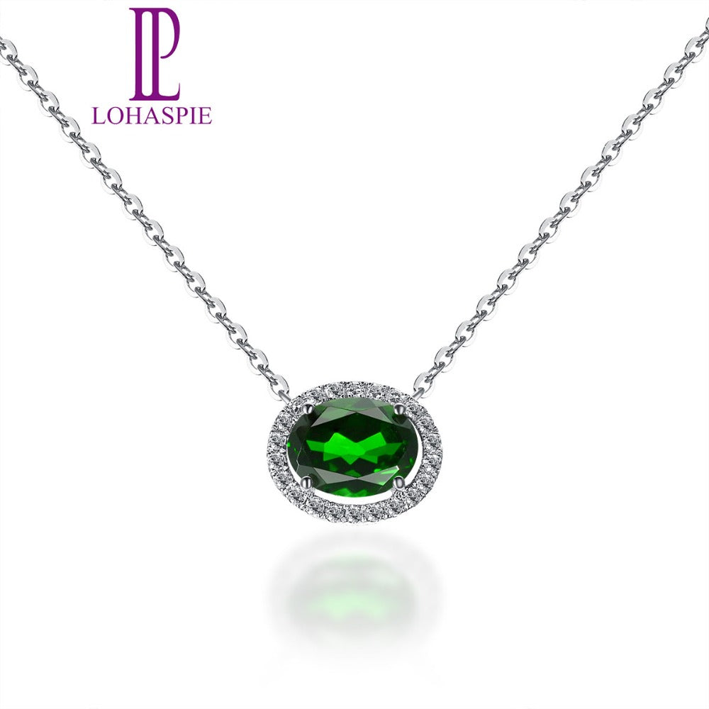 Lohaspie Solid 18K White Gold 1.40ct Natural Gemstone Chrome Diopside & Diamonds Necklace For Women Fine Diamond-Jewelry 18 Inch