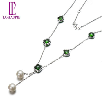 Lohaspie Solid 18K White Gold 7.55ct Natural Gemstone Chrome Diopside & Pearl Necklaces For Mother's Gift