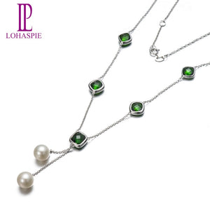 Lohaspie Solid 18K White Gold 7.55ct Natural Gemstone Chrome Diopside & Pearl Necklaces For Mother's Gift