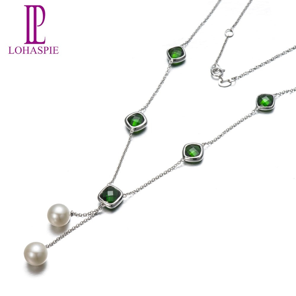 Lohaspie Solid 18K White Gold 7.55ct Natural Gemstone Chrome Diopside & Pearl Necklaces For Mother's Gift