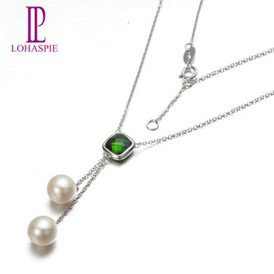 Lohaspie Solid 18K White Gold Natural Gemstone Chrome Diopside & Fresh Water Pearl Necklaces Pearl Jewelry For Mother's Gift
