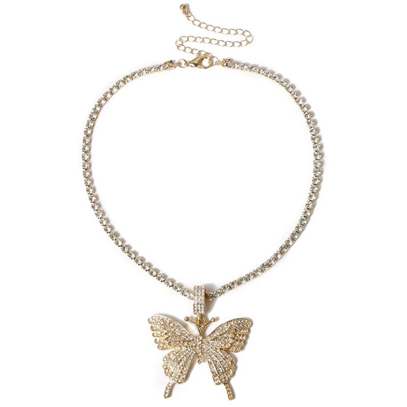 Collana lunga con catena da tennis e farfalla per donna, moda, cristallo, grande collana con ciondolo animale hip-hop, gioielli da sposa 