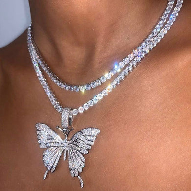 Long Tennis Chain Butterfly Necklace for Women Fashion Crystal Big Hip Hop Animal Pendant Necklace Statement Wedding Jewelry