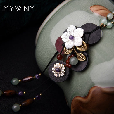 Long pendants wooden necklace shell flowers,New purple crystal ethnic exotic necklace,handmade japis Aventurine vintag necklace