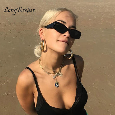 LongKeeper 2023 Retro Narrow Rectangle Sunglasses Women Brand Design Vintage 90S Pink Green Sun Glasses Clear Shades Female