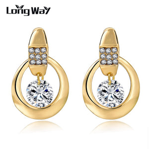 brand Gold Color round crystal earrings for women luxury bridal wedding stud earrings pendientes mujer jewelry SER150095