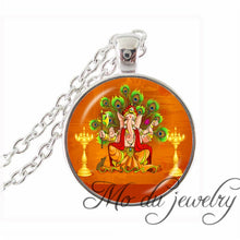 Carica l'immagine nel visualizzatore di Gallery, Lotus Blossom Necklaces Vintage Lection Pendants Ganesha Jewelry Glass Cabochon Pendant Silver Plated Statement Chain Necklace