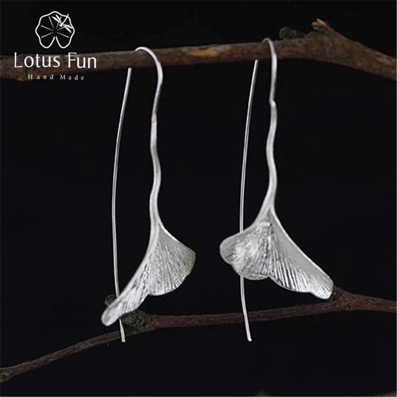 Real 925 Sterling Silver Earrings Natural Handmade Designer Fine Jewelry Ginkgo Leaf Fashion Dangle Earrings for Women