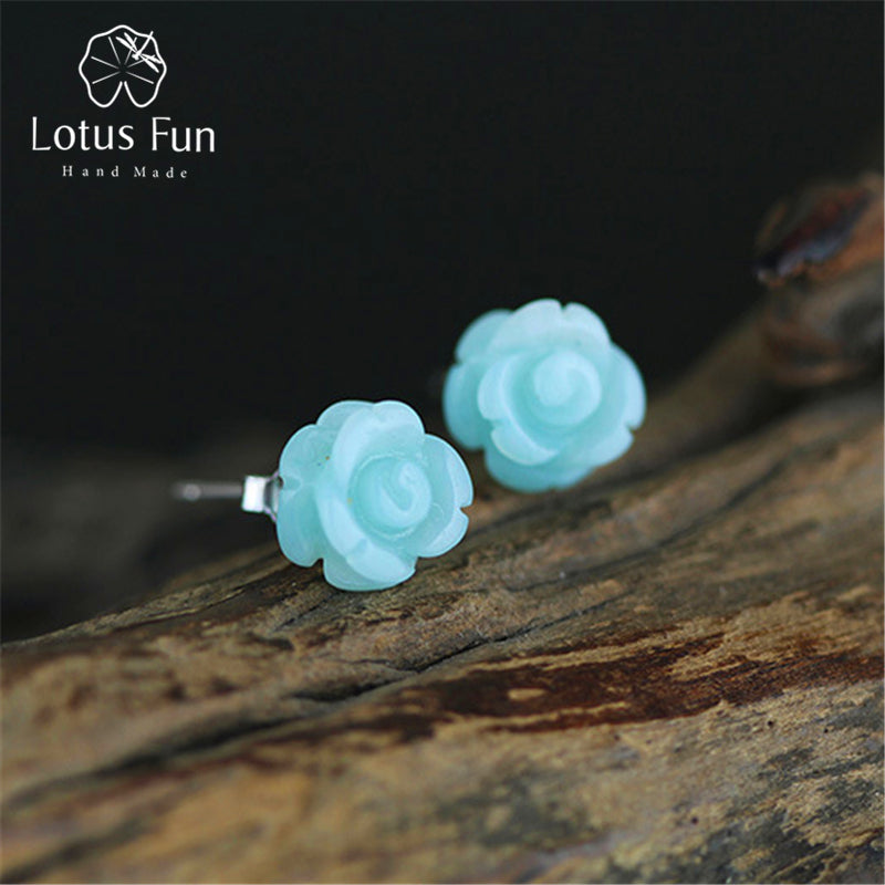 Real 925 Sterling Silver Earrings Natural Stone Creative Handmade Fine Jewelry Vintage Flower Stud Earring for Women
