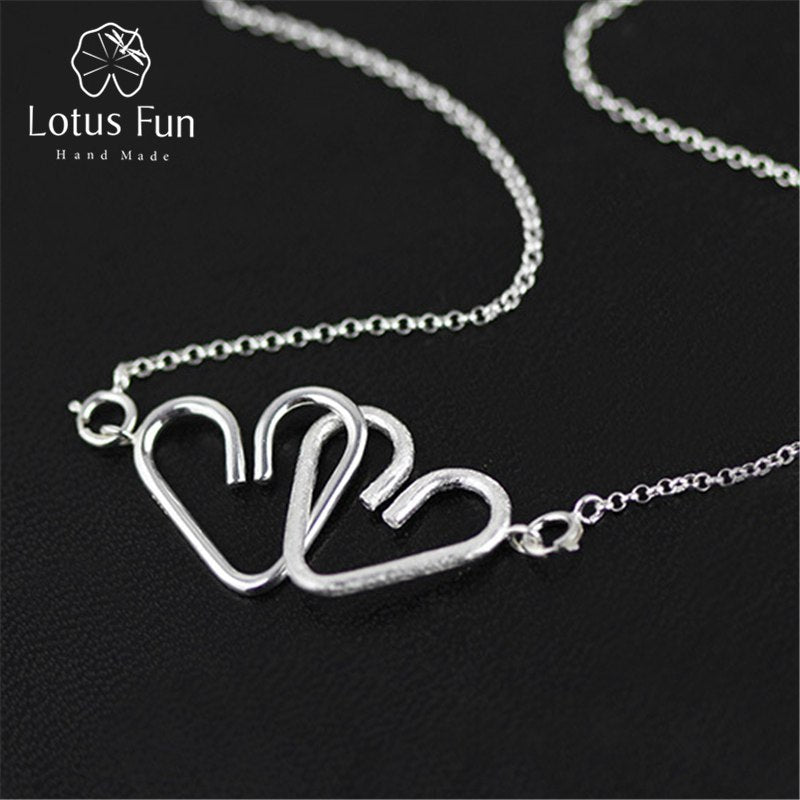 Real 925 Sterling Silver Handmade Designer Fine Jewelry Heart to Heart Necklace with Pendant Fashion for Women Collier