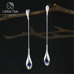 Real 925 Sterling-Silver-Jewelry Natural Lapis Handmade Fine Jewelry Vintage Elegant Long Dangle Earrings for Women