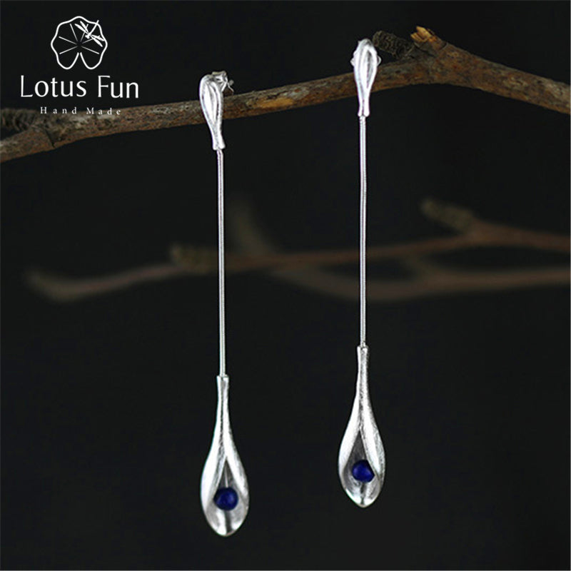 Real 925 Sterling-Silver-Jewelry Natural Lapis Handmade Fine Jewelry Vintage Elegant Long Dangle Earrings for Women