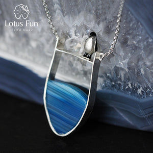Real 925 Sterling Silver Natural Agate Handmade Fine Jewelry Lovely Penguin Necklace with Pendant for Women Collier