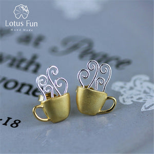 Real 925 Sterling Silver Natural Creative Handmade Fine Jewelry Hot Coffee Cup Fashion Stud Earrings for Women Brincos