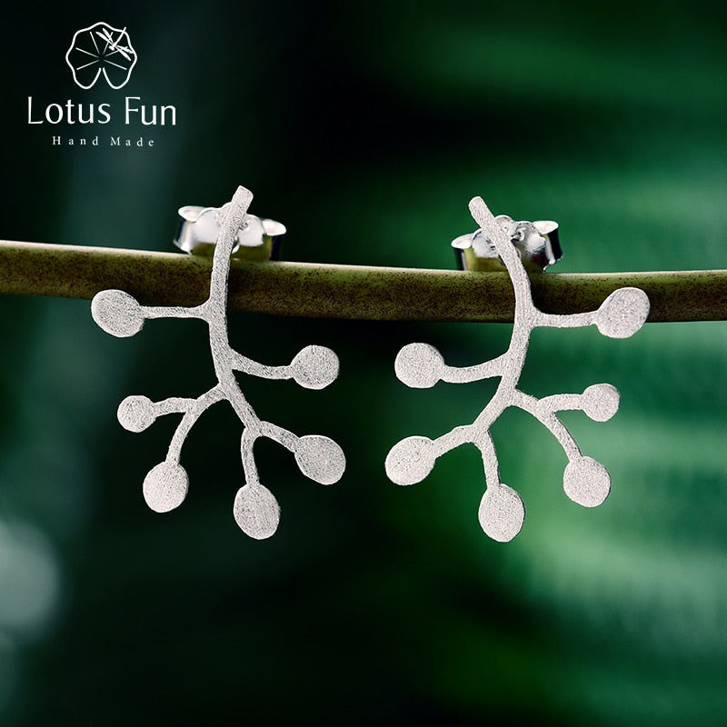 Real 925 Sterling Silver Natural Creative Handmade Fine Jewelry Life Branches Leaves Stud Earrings for Women Brincos