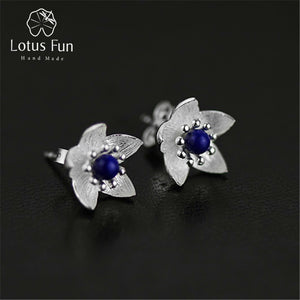 Real 925 Sterling Silver Natural Lapis Original Handmade Fine Jewelry Fresh Flower Stud Earrings for Women Brincos