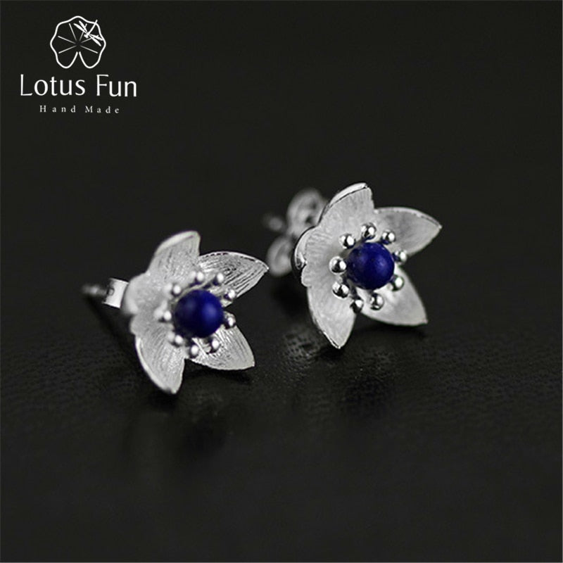 Real 925 Sterling Silver Natural Lapis Original Handmade Fine Jewelry Fresh Flower Stud Earrings for Women Brincos