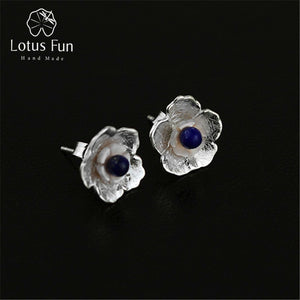 Real 925 Sterling Silver Natural Lapis Original Handmade Fine Jewelry Fresh Flower Stud Earrings for Women Brincos