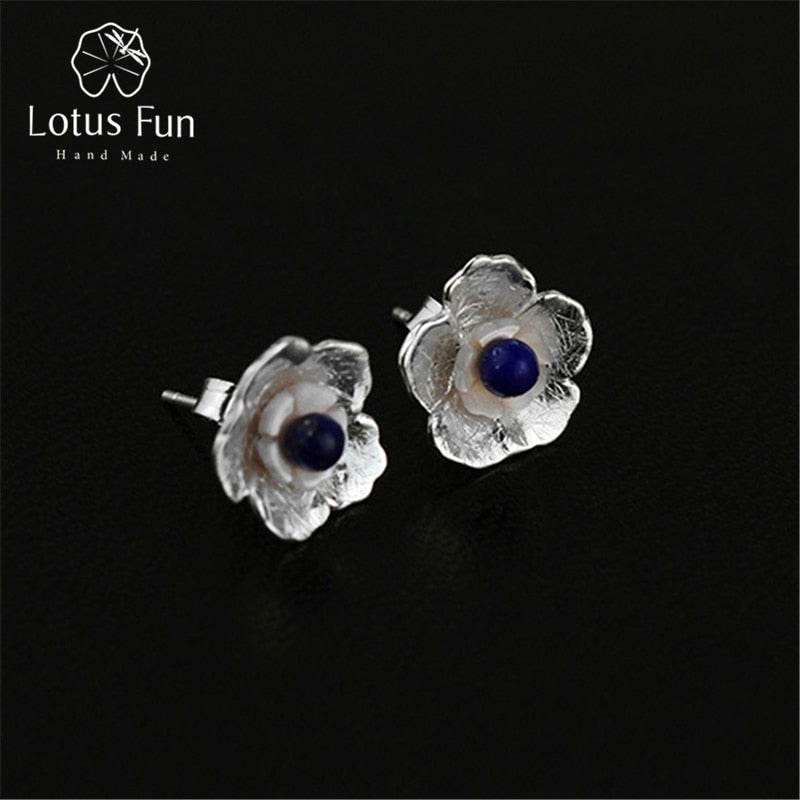 Real 925 Sterling Silver Natural Lapis Original Handmade Fine Jewelry Fresh Flower Stud Earrings for Women Brincos