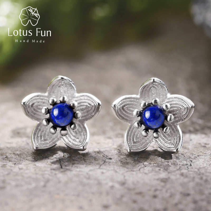 Real 925 Sterling Silver Natural Lapis Original Handmade Fine Jewelry Fresh Flower Stud Earrings for Women Brincos