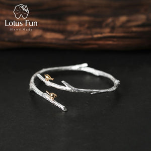 Real 925 Sterling Silver Natural Original Handmade Fine Jewelry Bird on Branch Adjustable Bangle for Women Bijoux