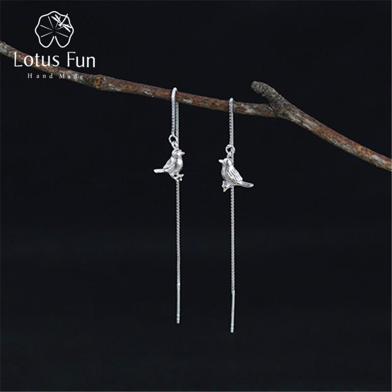 Real 925 Sterling Silver Natural Original Handmade Fine Jewelry Interesting Cute Bird Drop Earrings for Women Brincos