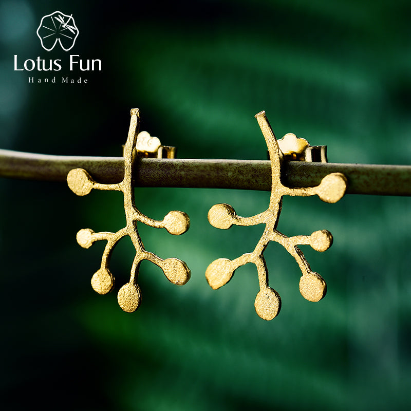 Real 925 Sterling Silver Natural Original Handmade Fine Jewelry Life Branches Leaves Stud Earrings for Women Brincos