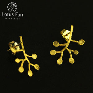 Real 925 Sterling Silver Natural Original Handmade Fine Jewelry Life Branches Leaves Stud Earrings for Women Brincos