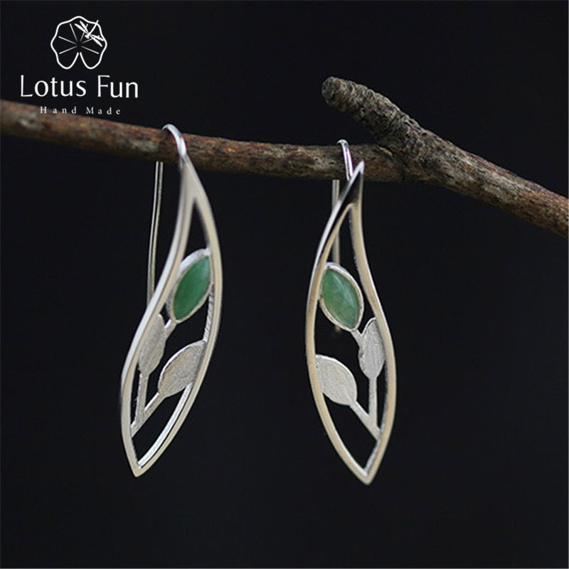 Real 925 Sterling Silver Natural Original Handmade Fine Jewelry Spring in the Air Leaves Drop Earrings for Women