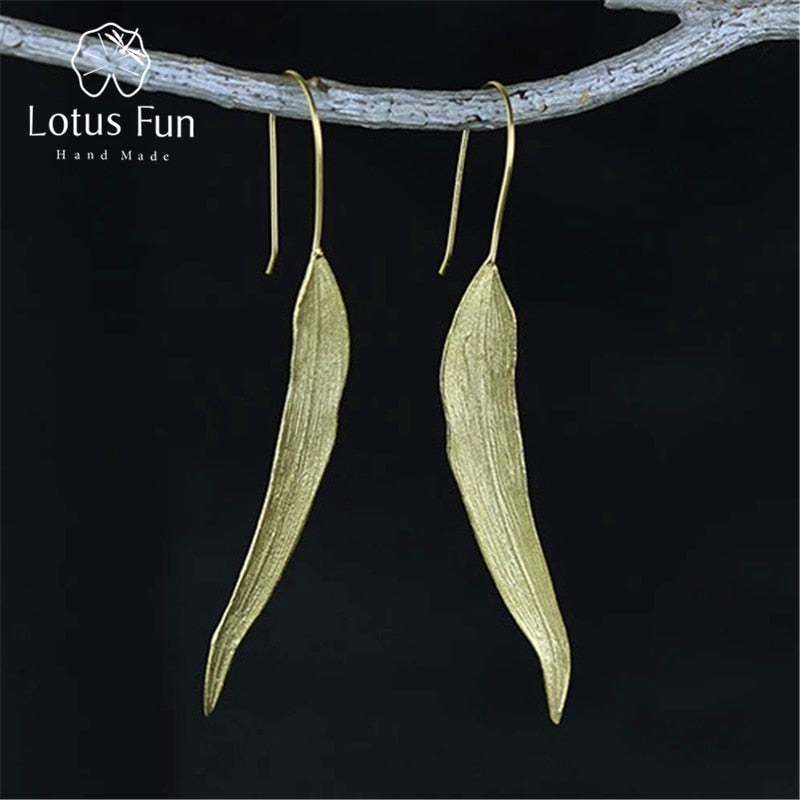 Real 925 Sterling Silver Natural Original Handmade Fine Jewelry Vintage Long Leaves Drop Earrings for Women Brincos