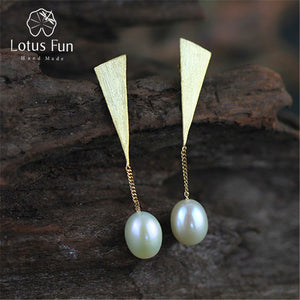 Real 925 Sterling Silver Natural Pearl Creative Handmade Fine Jewelry Triangle Drop Earrings for Women Brincos