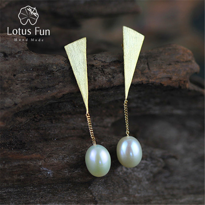 Real 925 Sterling Silver Natural Pearl Creative Handmade Fine Jewelry Triangle Drop Earrings for Women Brincos