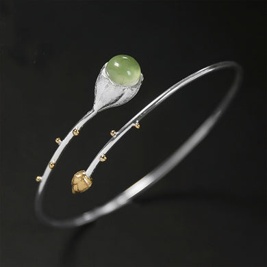 Real 925 Sterling Silver Natural Stone Handmade Designer Fine Jewelry Elegant Lotus Buds Bangles Earrings for Women