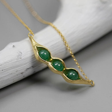 Round Green Aventurine 925 Sterling Silver Necklaces Chains Unique Gold Color Bean Long Necklace with Big Pendant