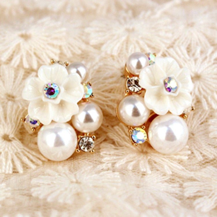 Lovely Colorful Rhinestone Gold Rose Pearl Crystal Stud Earrings for Women Vintage Jewelry Accessory For Girls