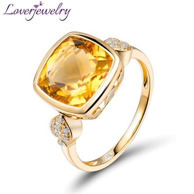 Lovely Real 14K Yellow Gold Natural Citrine Ring Fine Jewelry Natural Diamond Anniversary Gift for Women