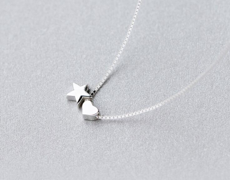 Lovely Real. 925 Sterling Silver jewelry High polished Heart & Star Pendant Necklace box Chain 18inch Gift GTLX709