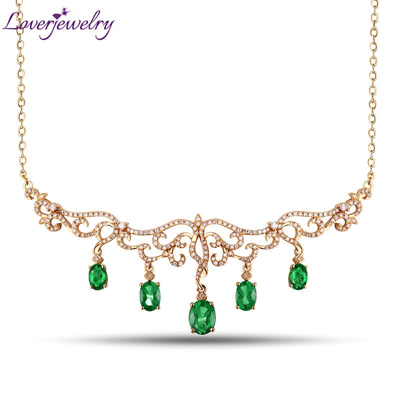 Collana con ciondolo con smeraldo verde naturale in oro giallo massiccio 18 carati dal design di lusso caldo, gioielli con diamanti per le donne 