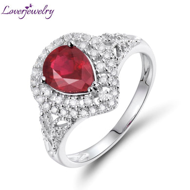 New Arrival Pear Shape Red Ruby Wedding Rings Solid 14Kt White Gold Diamond Fine Jewelry for Women